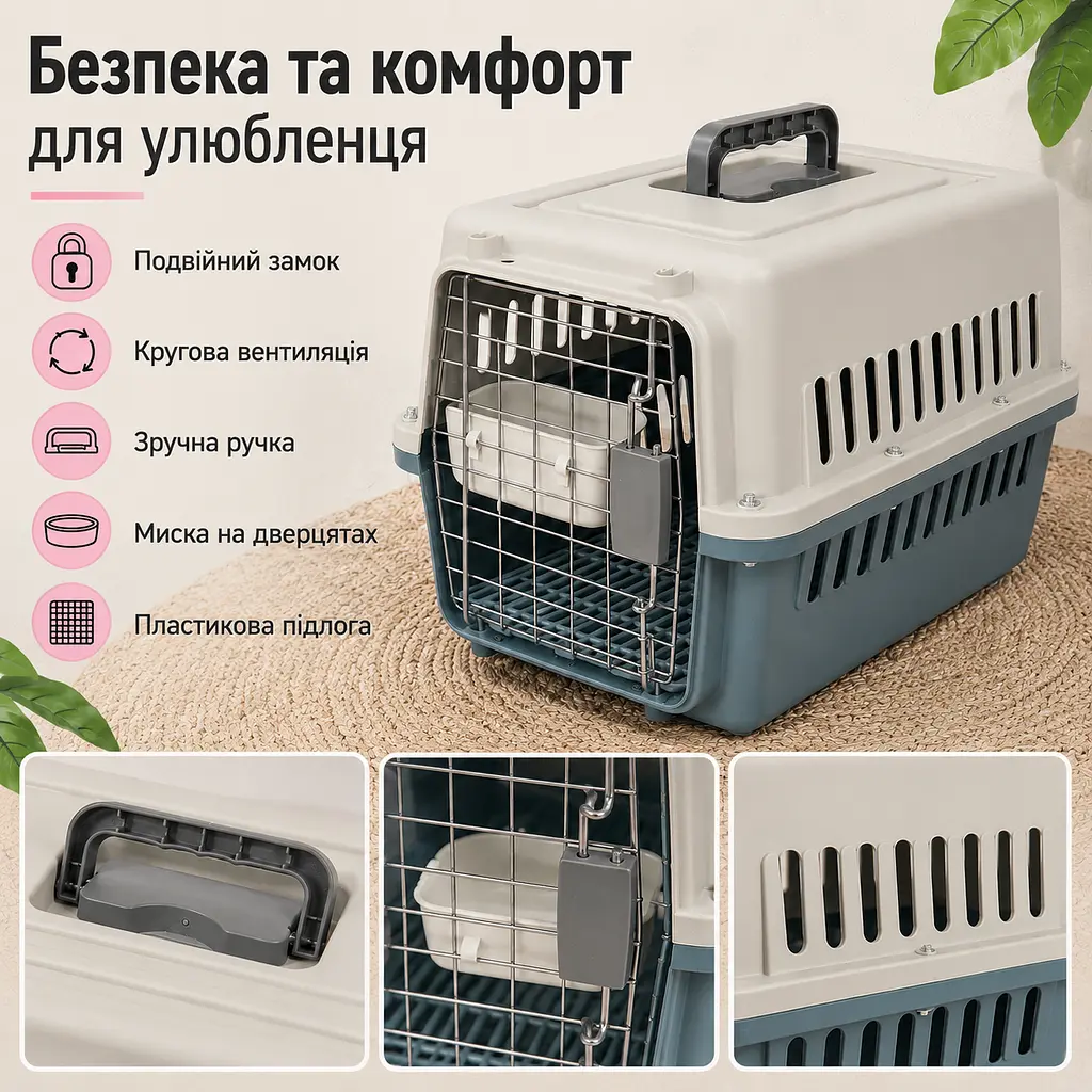 Переноска для котів і собак до 12 кг 48×32×30 - вентильована з комплектом (підвісна миска тавнутрішнім вкладишем) KT8002012 - фото 5