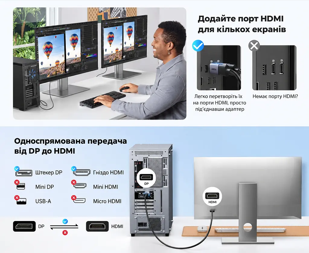 Відеоадаптери UGREEN DP130 DisplayPort - HDMI 4K 30 Гц 2 шт. синьо-сірі (55935) - фото 4