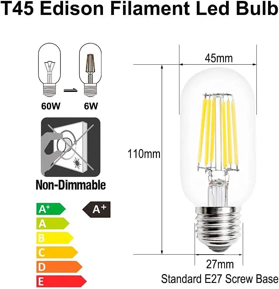 Гвинтова лампочка Aiwerttes E27 6W світлодіодна вінтажна Edison, T45 Холодний Білий 6000K - фото 5