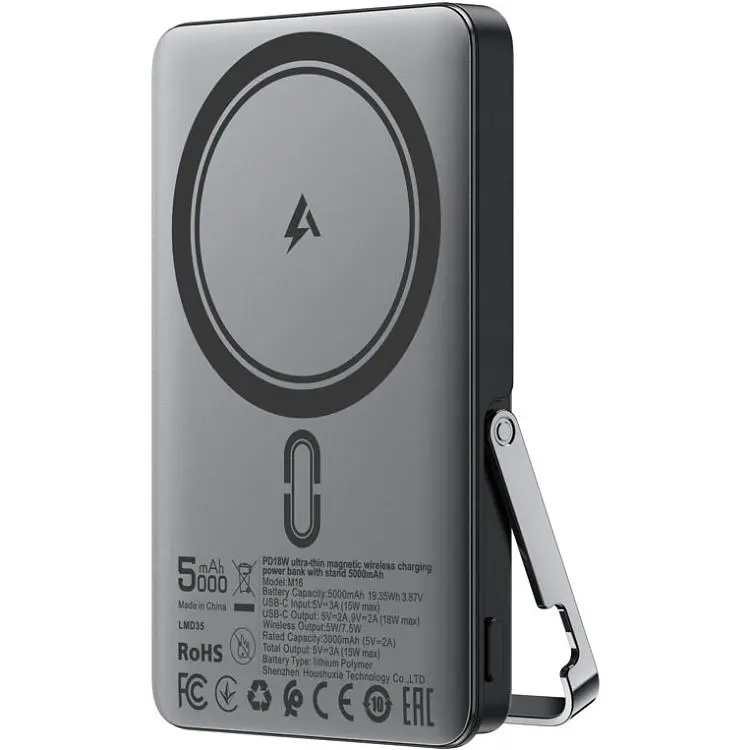 Універсальна мобільна батарея Acefast Magnetic Wireless 5000mAh 18W PD,QC3.0 USB-C In/Out,with holder ультра тонкий M16 Black (6974316283997) - фото 6
