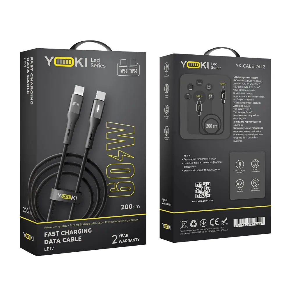 Кабель для заряджання та обміну даними Yoki YK-LE17 LED Series Type-C to Type-C 60W 3A/20V 2 m Black - фото 2