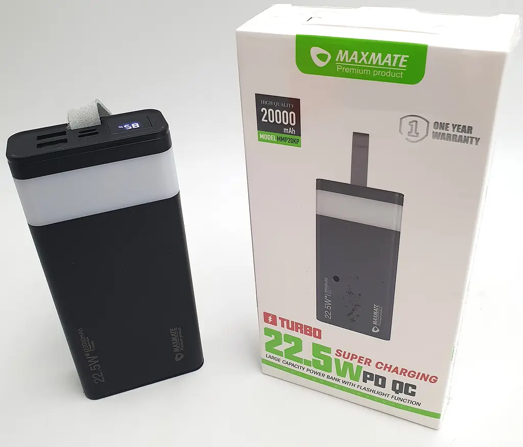 Потужний Повербанк із LED ліхтариком Power Bank із швидкою зарядкою 20000mAh 2USB /Type-C PD/QC 5A/22.5W Maxmate MMP20KP чорний - фото 2
