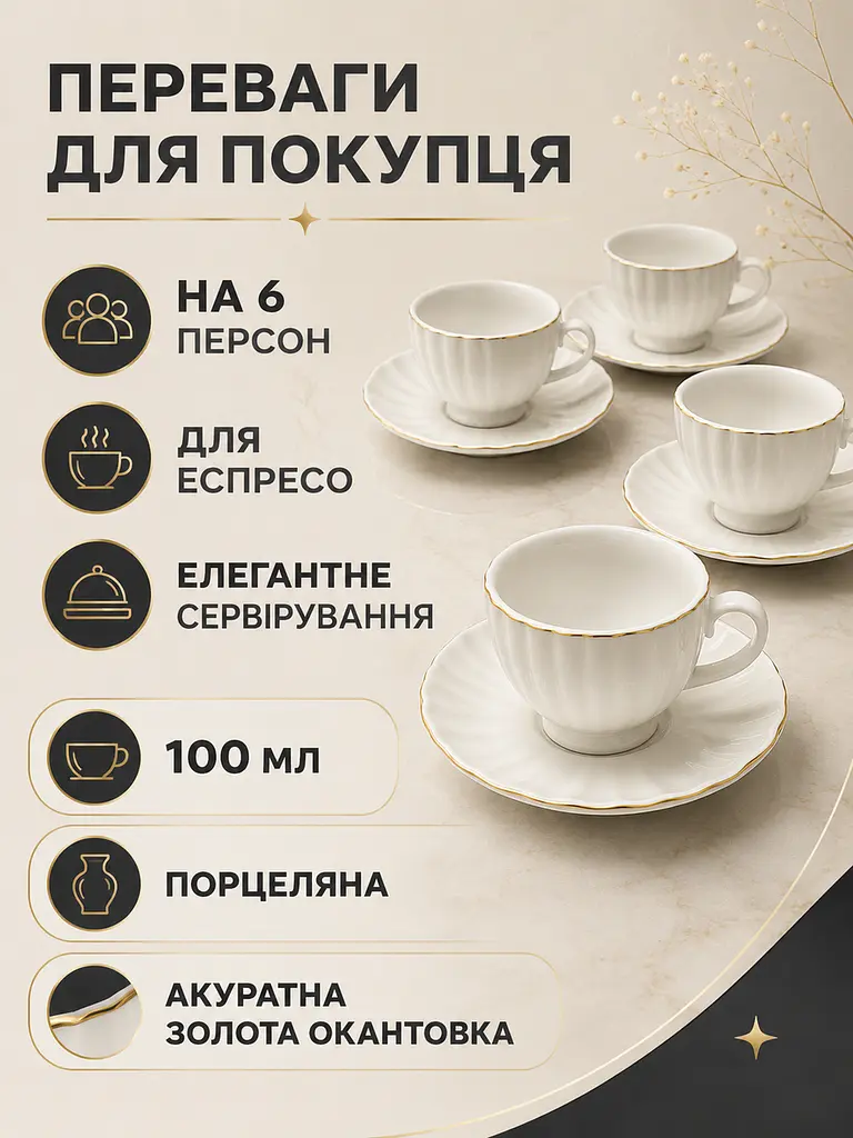 Порцеляновий кавовий набір на 6 персон, 12 предметів, чашки 100 мл із блюдцями 11 см (49676282) - фото 2