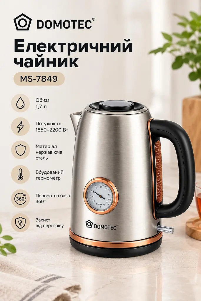 Електрочайник з термометром із нержавіючої сталі Domotec MS-7849 з об'ємом 1.7 л електричний мережевий чайник дисковий із контролем температури води для дому 1850-2200 Вт Сріблястий - фото 4