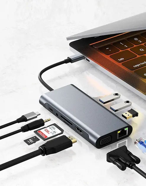 Хаб Док станція 11 в 1 USB Type-C концентратор для ноутбука 11 портів  - фото 3
