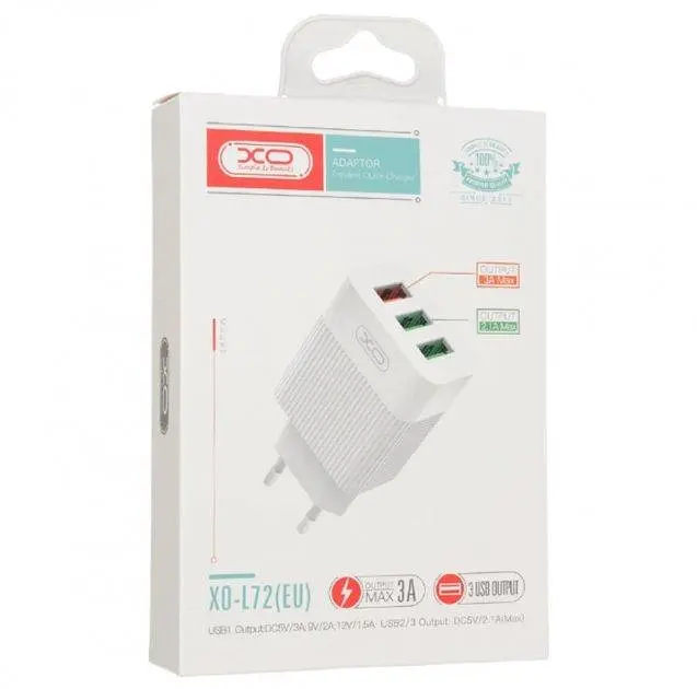 Мережевий зарядний пристрій XO L72 EU QC3.0 + 2.1A 3USB charger Білий - фото 3