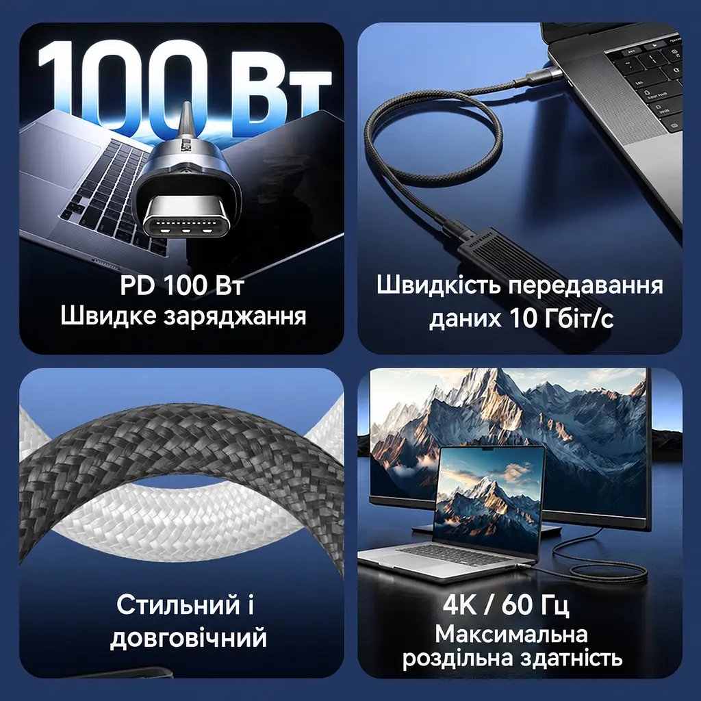 Кабель Vention TRGBF USB-C - USB-C USB 3.2 Gen 2 PD 100 Вт 4K 1 м чорний (TRGBF) - фото 3