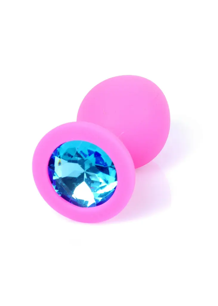 Анальна пробка з кристалом B-Series Silikon Plug Jewellery Pink Medium, 8х3.5 см, рожевий з блакитним - фото 2
