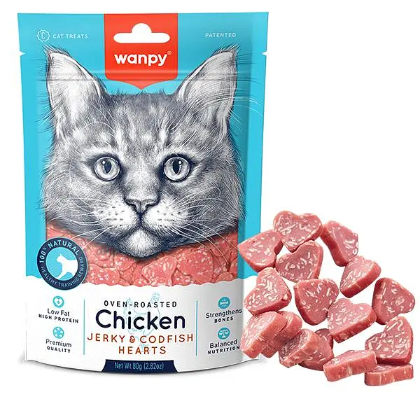 Ласощі для котів Wanpy Chicken Jerky&Codfish Hearts Ванпі Сердечка Курка з тріскою 80 г