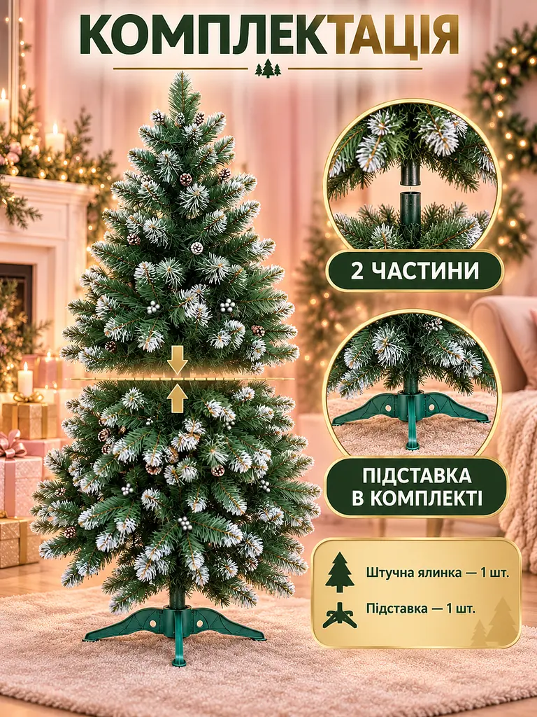 Сертифікована ялинка штучна пухнаста зі снігом і срібними шишками та перлинами YaLINKA КS15 150 см із високоякісного нешкідливого - фото 8