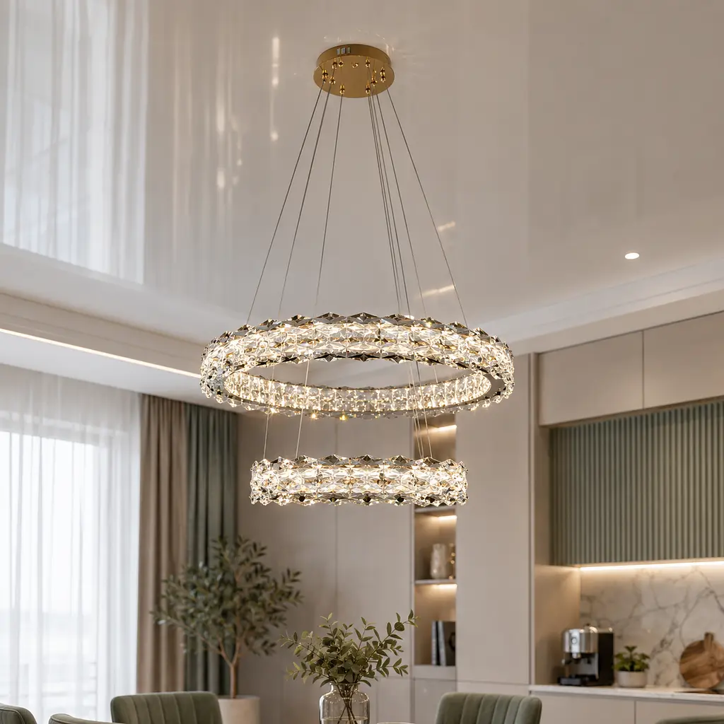 Підвісна LED люстра Diasha 7895/600+400S-gold з кришталем, золото, 54 W, з пультом, освітлення 10-18 м2