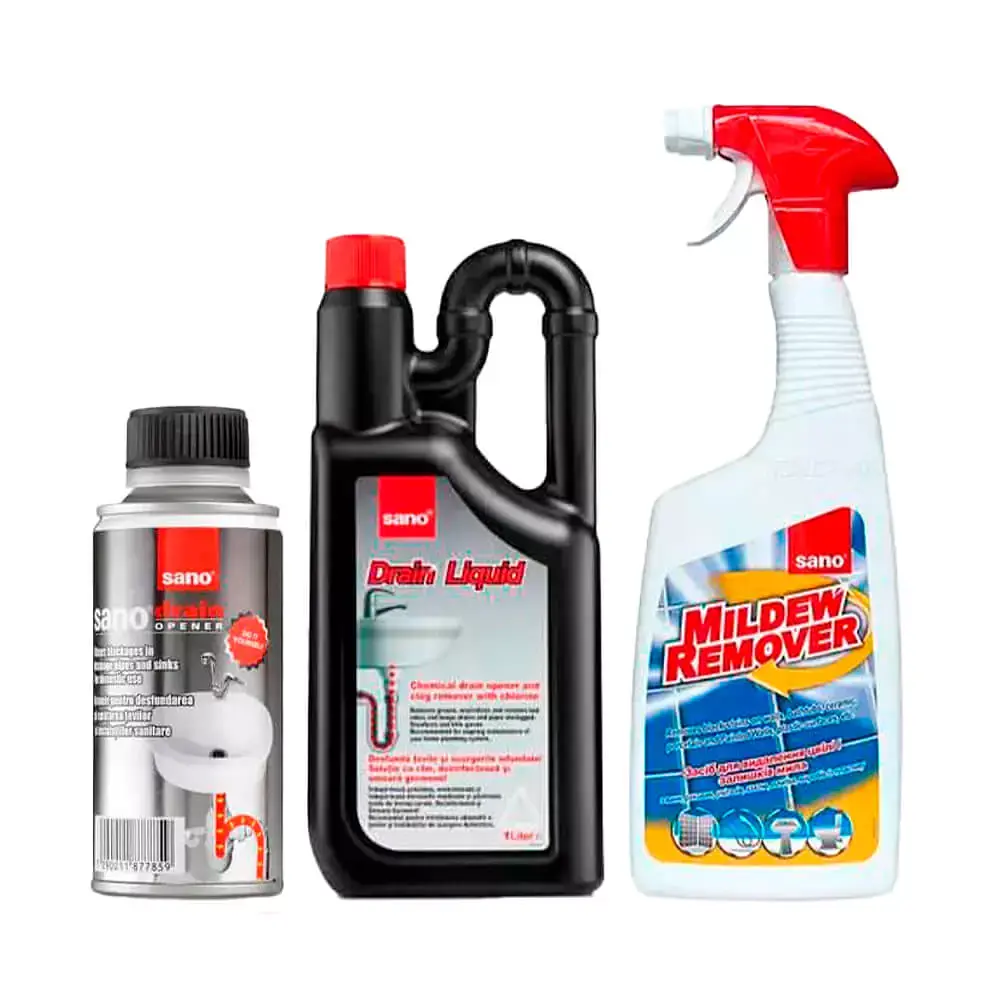 Набір Sano Засіб для видалення цвілі Mildew Remover, Засіб для прочищення каналізаційних труб Drain, Рідина для очищення труб (293561, 877859, 117916)