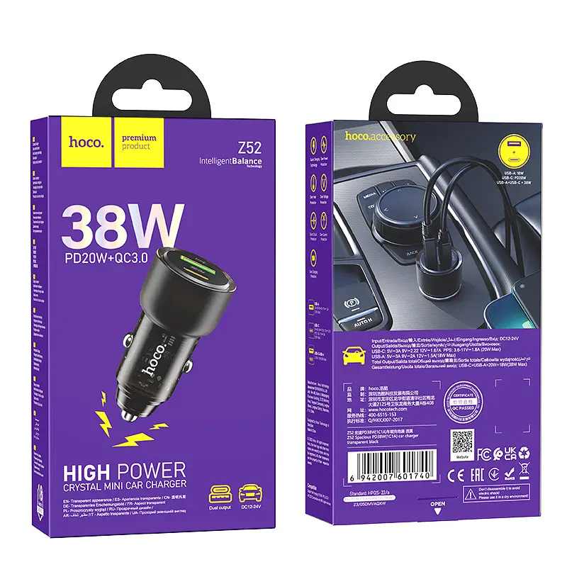 Автомобильное зарядное устройство Hoco Z52 Spacious PD38W(1C1A) car charger Черный - фото 2