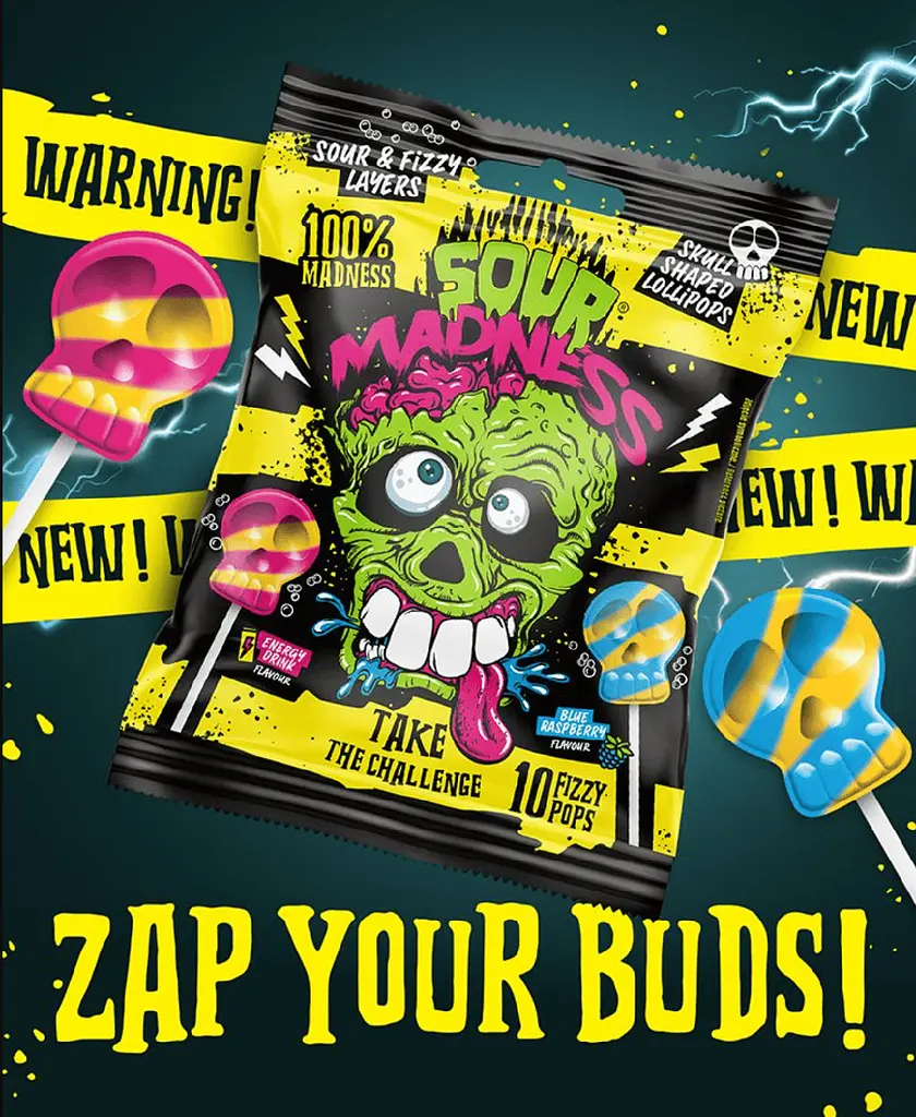 Кислі льодяники на паличці Sour Madness Energy Drink and Blue Raspberry 90г - фото 2