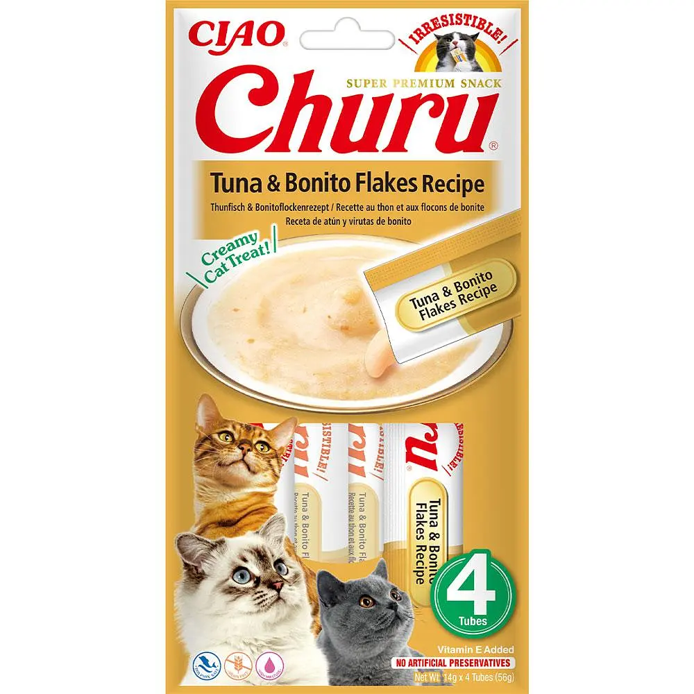 Ласощі для котів INABA Churu, вершковий мус у стіках з тунцем та пластівцями боніто, 4×14 г