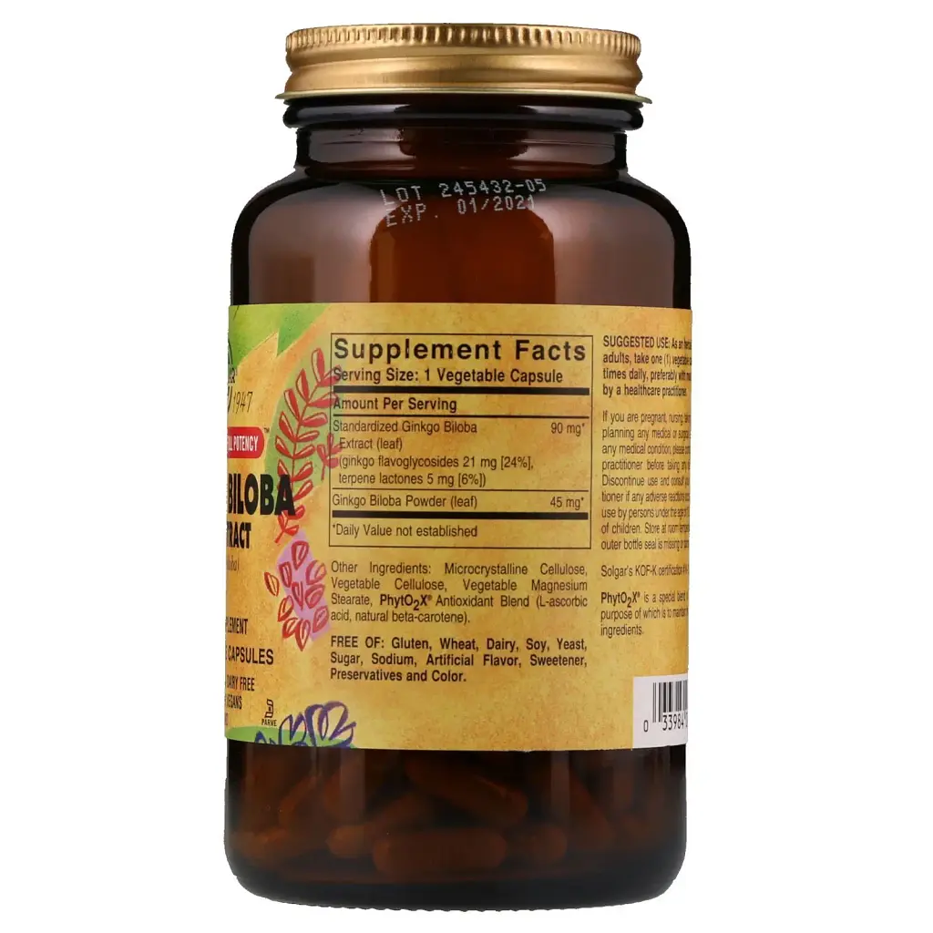 Гінкго Білоба Solgar Ginkgo Biloba екстракт листя 180 вегетаріанських капсул - фото 2