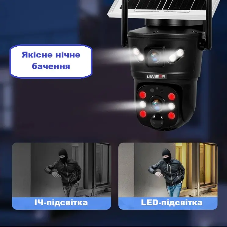 Вулична 4G камера LS VISION CS5-4G сонячна панель з 2 лінзами  сонячна панель зарядки акумулятор 6000мАг  PIR сенсор руху - фото 2