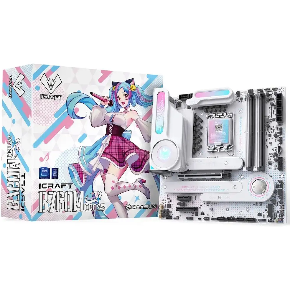 Материнская плата Maxsun LGA1700, iCraft B760M CROSS, B760, 4xDDR5, Int.Video(CPU), 4xSATA3, 1xPCI-E 16x 5.0, 1xPCI-E 4x 3.0, 1xPCI-E 1x, 3xM.2 4.0, RTL8125B, 4xUSB3.2/4xUSB2.0, 1xUSB TypeC 3.2, DP/HDMI, WiFi 6E+BT5.3, 14phase, ARGB,MicroATX(MS-iCraft B760M CROSS - фото 2