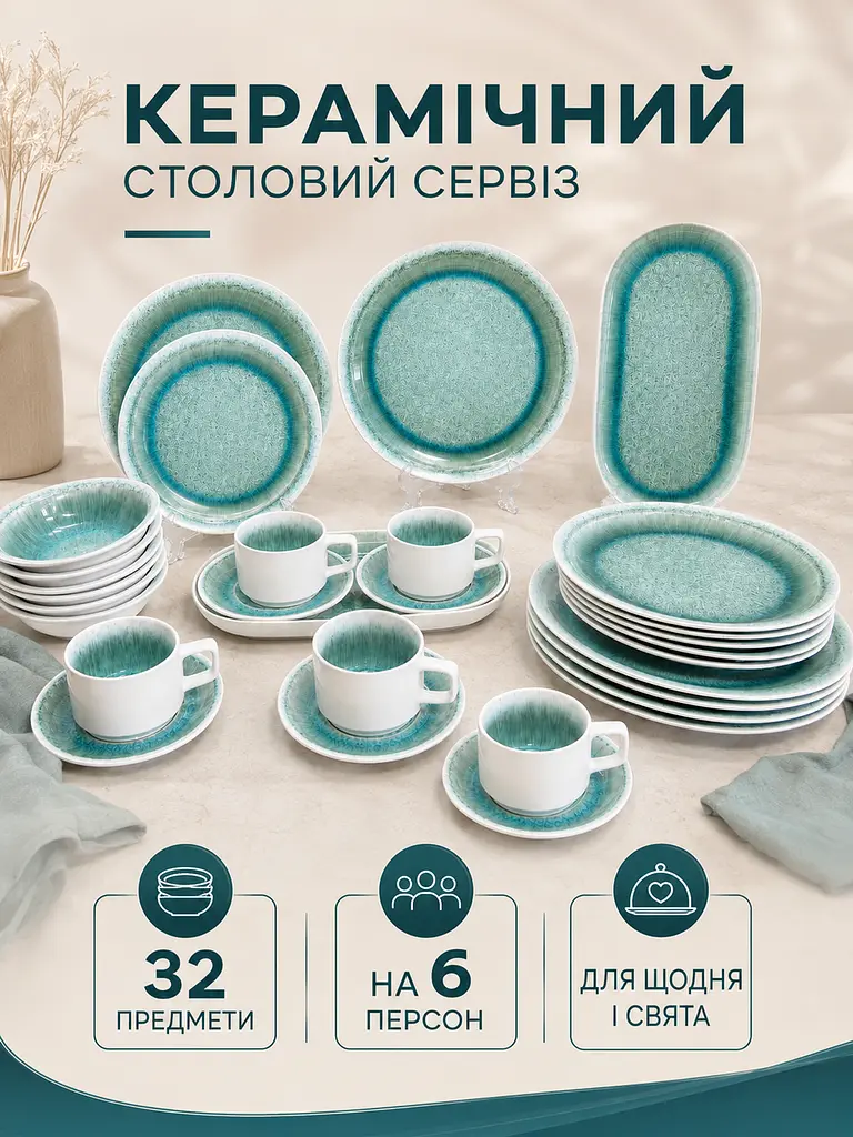Керамічний столовий набір бірюзовий на 6 персон, 32 предмети, тарілки, чашки та блюда (49676283) - фото 2