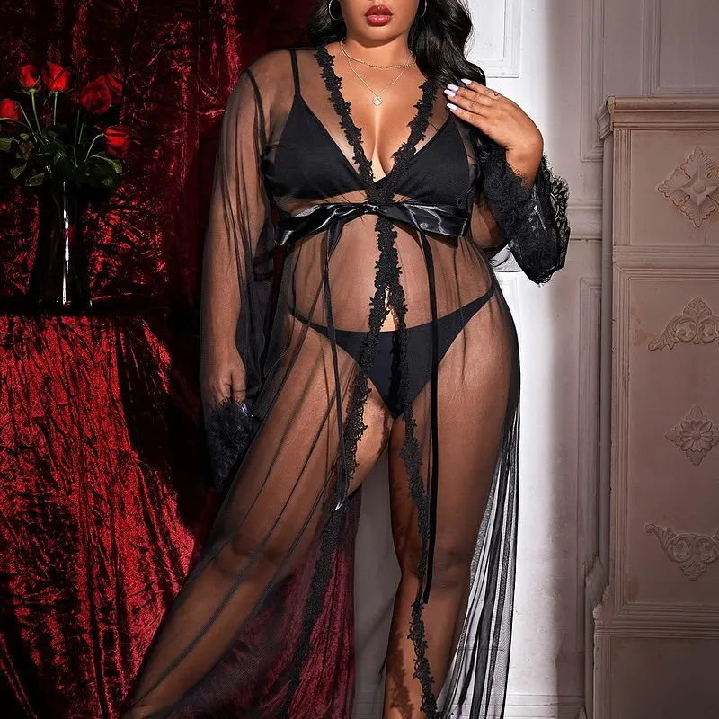 Сексуальний довгий халат з довгим рукавом L-XL Чорний - фото 2