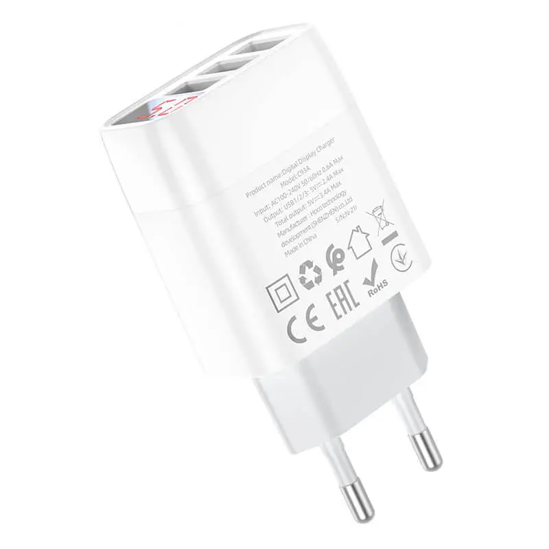 Зарядний пристрій Hoco Easy charge digital display charger C93A 3USB сам блок - фото 3