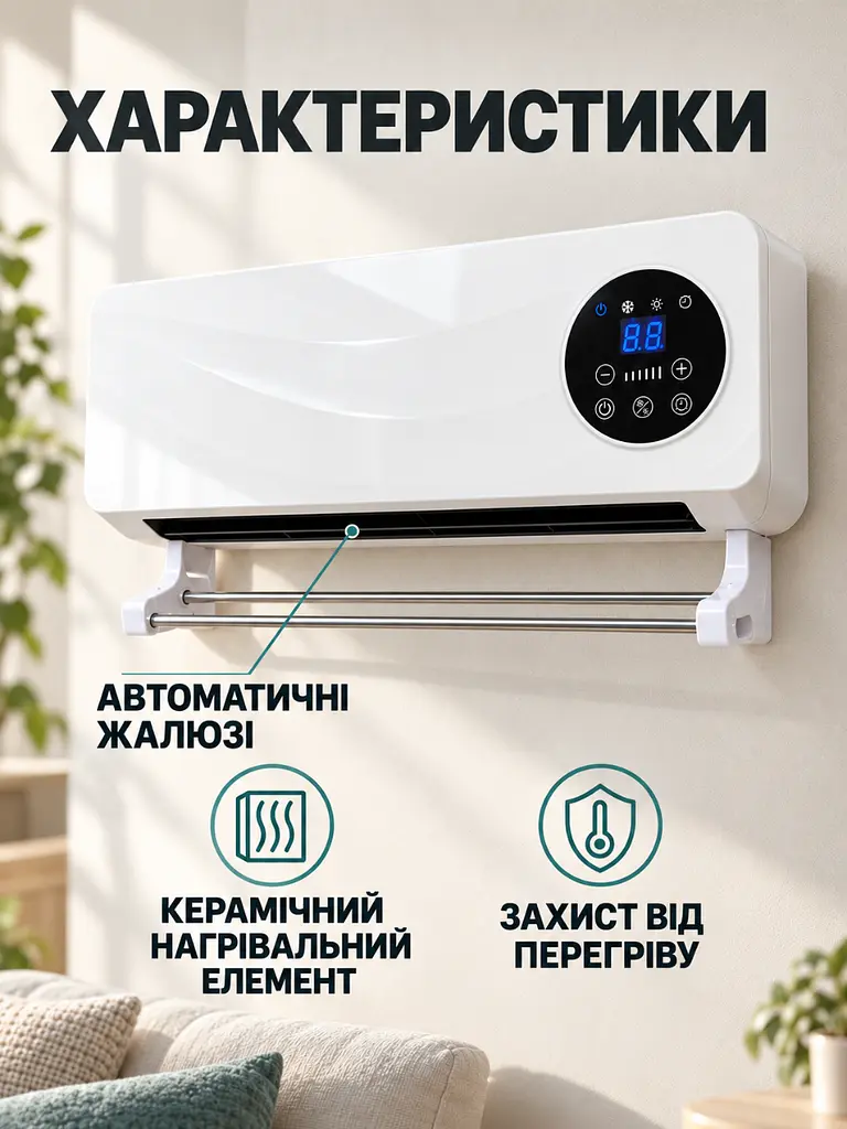 Настінний обігрівач 2000 Вт з пультом та сушаркою білий (37261156) - фото 6