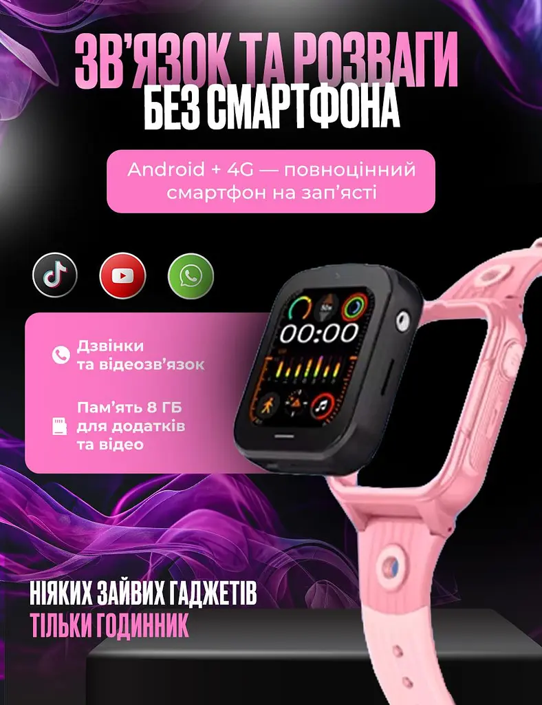 Дитячий смарт годинник D38 з SIM картою, GPS, прослуховуванням, відеодзвінком,  4G  Play Market, операційна система Android OS рожевий - фото 2