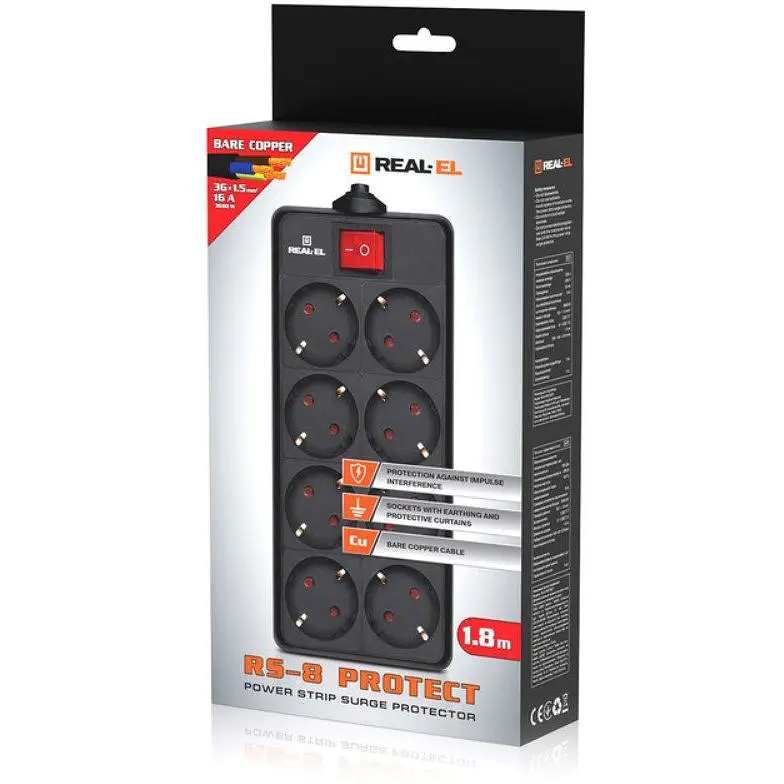 Сетевой фильтр-удлинитель Real-El RS8 5m Protect, 8 розеток, 16A, 3.6 кВт - фото 6