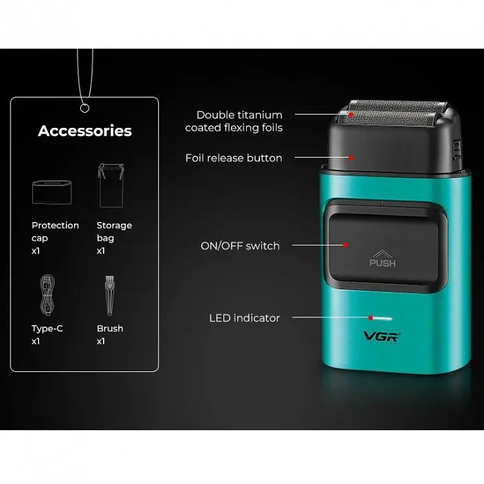 Електробритва шейвер для бороди, з USB, VGR V-307, Зелений - фото 5