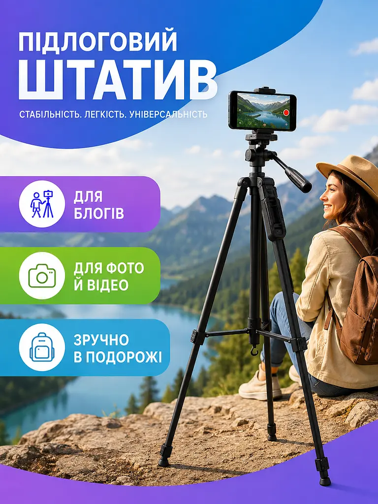 Підлоговий штатив для телефона та камери 44–128 см, трипод із тримачем і Bluetooth-пультом 360°, чорний (2985426726) - фото 4