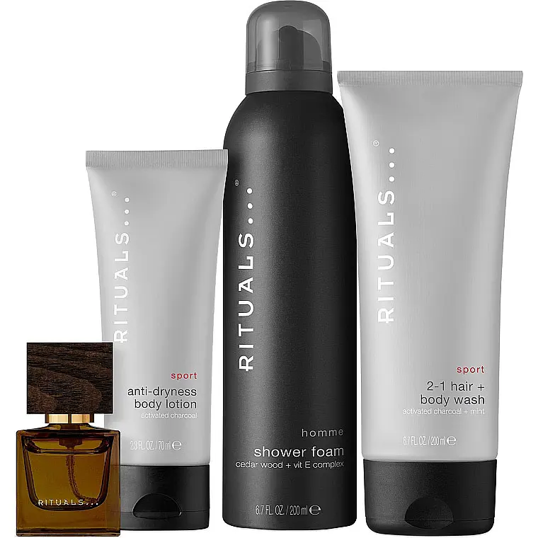 Подарочный набор Rituals Homme Set: гель-пенка для душа Homme Shower Foam 200 мл + гель-шампунь Sport 2-1 Hair&Body Wash 200 мл + лосьон для тела Sport Anti-Dryness Body Lotion 70 мл + парфюмированная вода L'Essentiel 15 мл - фото 2