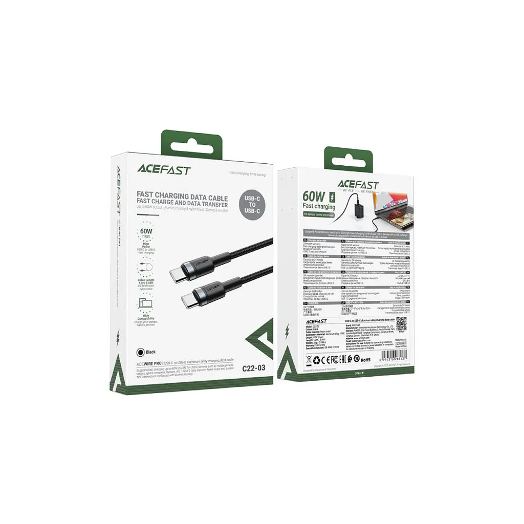 Дата кабель USB-C to USB-C 1.2m 60W black Acefast (6974316285137) - фото 4