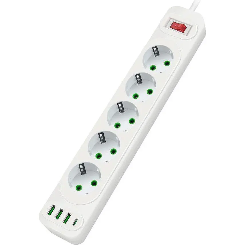 Сетевой фильтр-удлинитель Voltronic F25U 5 розеток EU + 3xUSB + PD 2 м 3х0.75 мм 2500W White - фото 1
