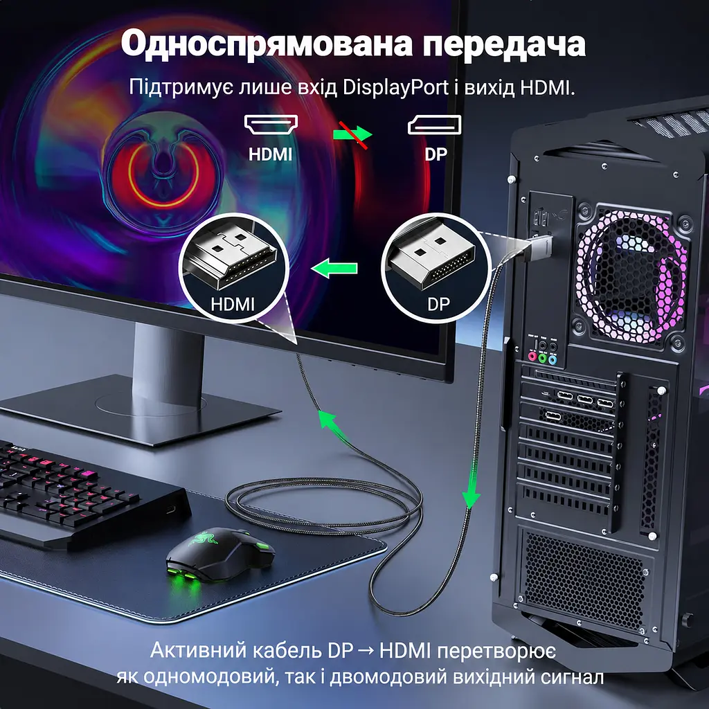 Відеокабель UGREEN DP119 DisplayPort - HDMI 4K 60 Гц 1 м чорний (15773) - фото 2
