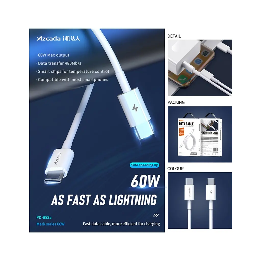 Дата кабель USB-C to USB-C 1.0m PD-B83a 60W Proda (PD-B83a-WHT) - фото 4