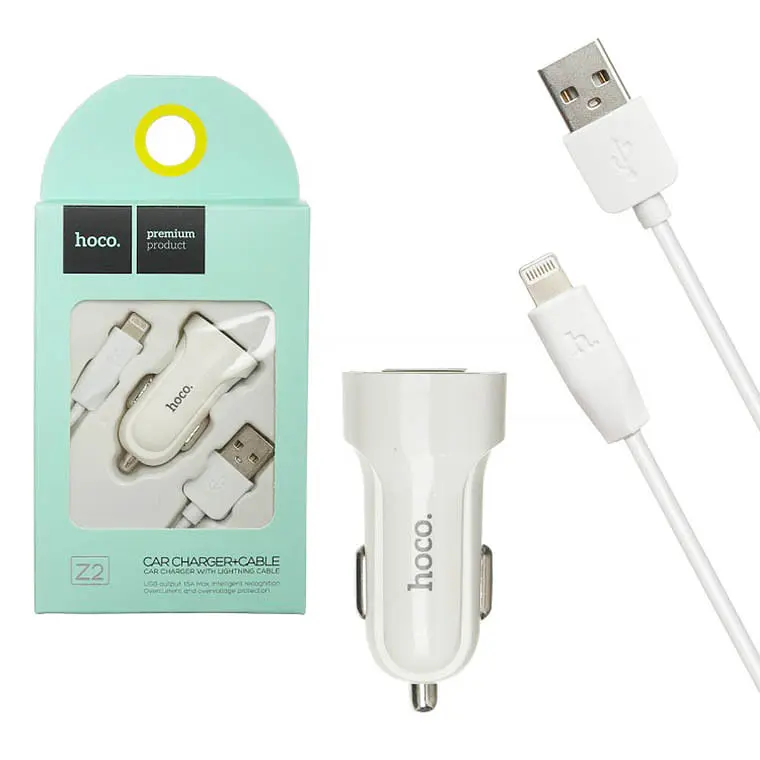 Адаптер автомобільний Hoco Z2 зарядне + кабель Lightning 1USB 1.5А білий - фото 2