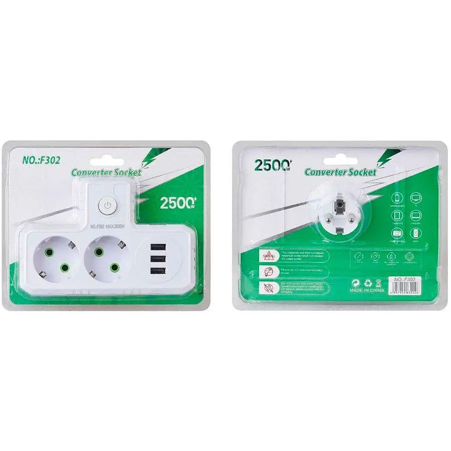 Розетка-измельчитель с заземлением Voltronic F-302 White, 2 розетки + 3 USB (1 А), 2500 W, 10 A, 220V - фото 4