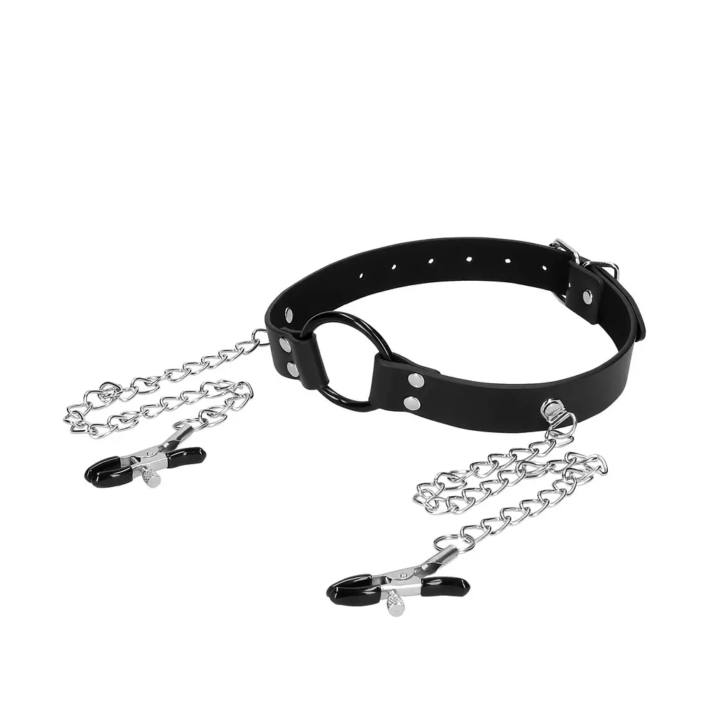 Кляп з кільцем та затискачами для сосків Ouch! O-Ring Gag with Nipple Clamps - фото 3