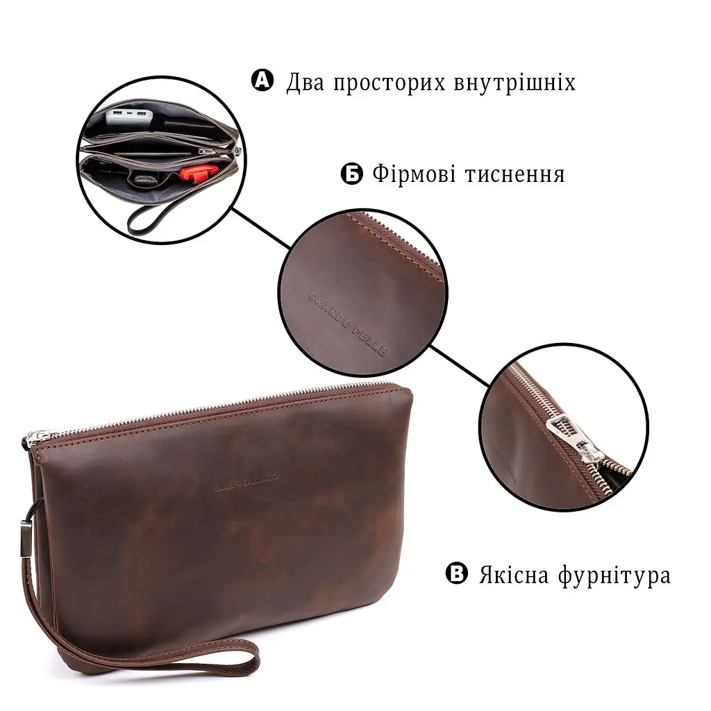 Барсетка чоловіча вінтажна Grande Pelle 11145 шкіряна коричнева - фото 4