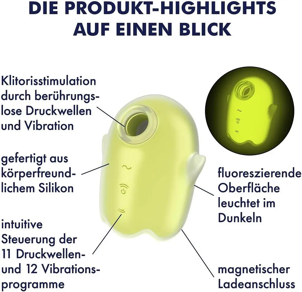 Вакуумний кліторальний стимулятор з вібрацією Satisfyer Glowing Ghost жовтий - фото 4