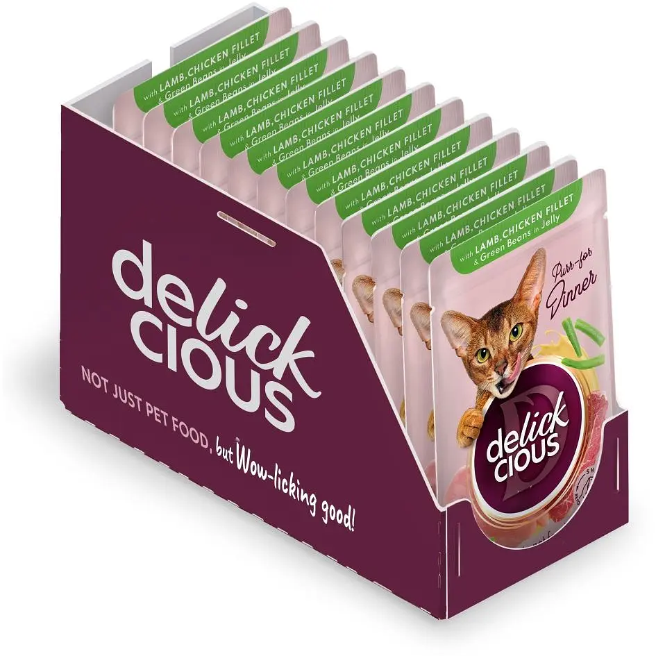 Влажный корм для кошек Delickcious Кусочки с ягнятиной, куриным филе и фасолью спаржевой в желе 85 г - фото 2