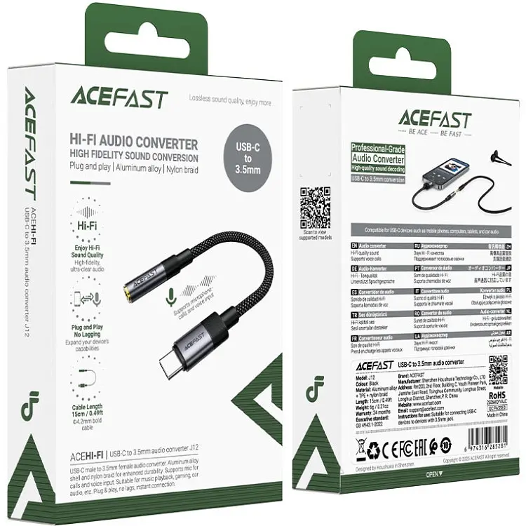 Перехідник USB-C 3.5 mm 15cm audio converter J12 Acefast чорний - фото 4