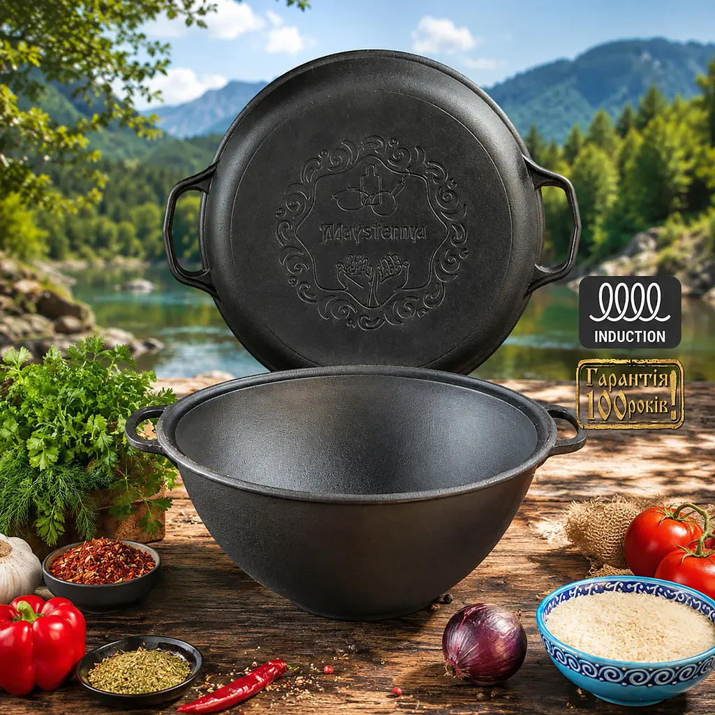 Казан узбецький чавунний WOK з кришкою-сковородою 12 л чавунний Maysternya підходить для індукційних плит 88585 - фото 2