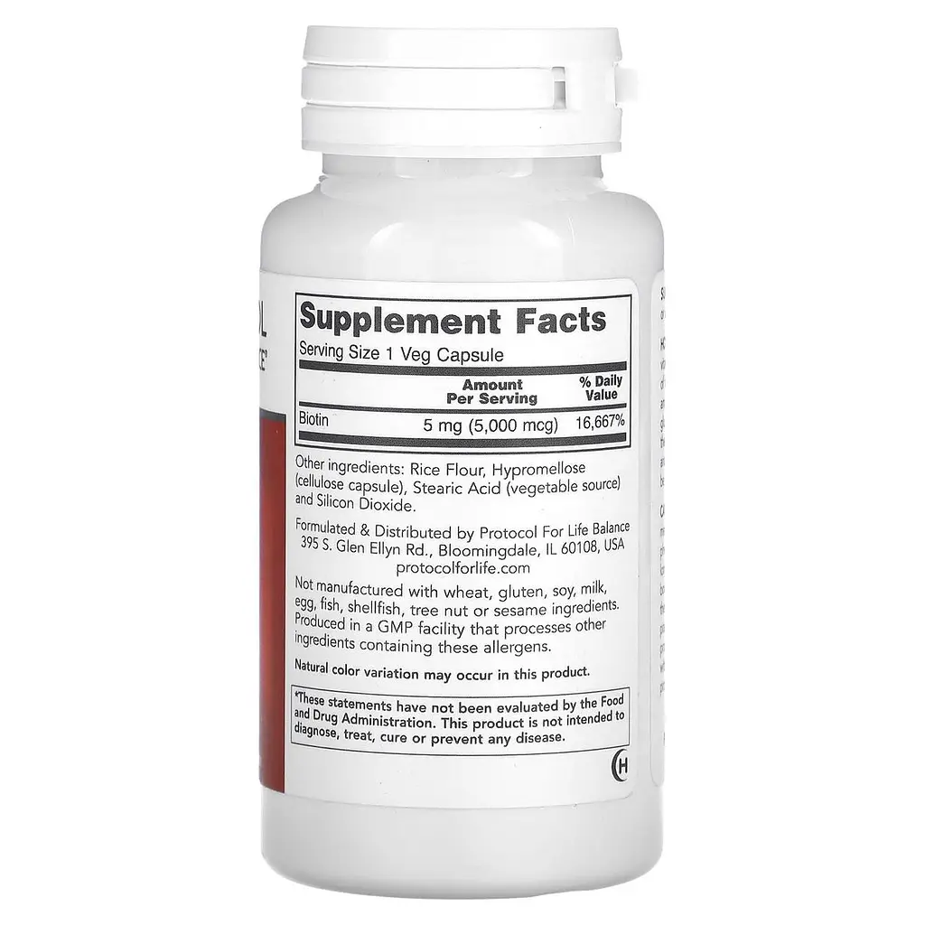 Біотин для волосся (Вітамін В7) Protocol for Life Balance Biotin 5000 мкг 90 капс - фото 2