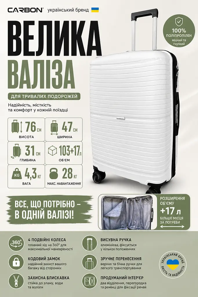 Валіза велика Carbon 65803 поліпропілен 76х47х31 см 103+17 л Біла - фото 3