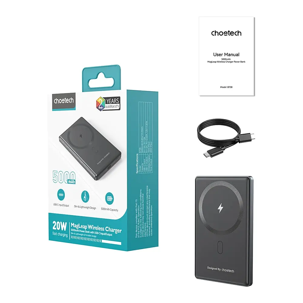 Повербанк 5000mAh Choetech B738 Black QC3.0 PD3.0 бездротова магнітна зарядка (43-00161) - фото 5