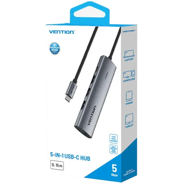 Хаб USB 3.0 Type-C -> 4xUSB 3.0/1xUSB-C, 5Gbps, Чорний Vention - фото 3