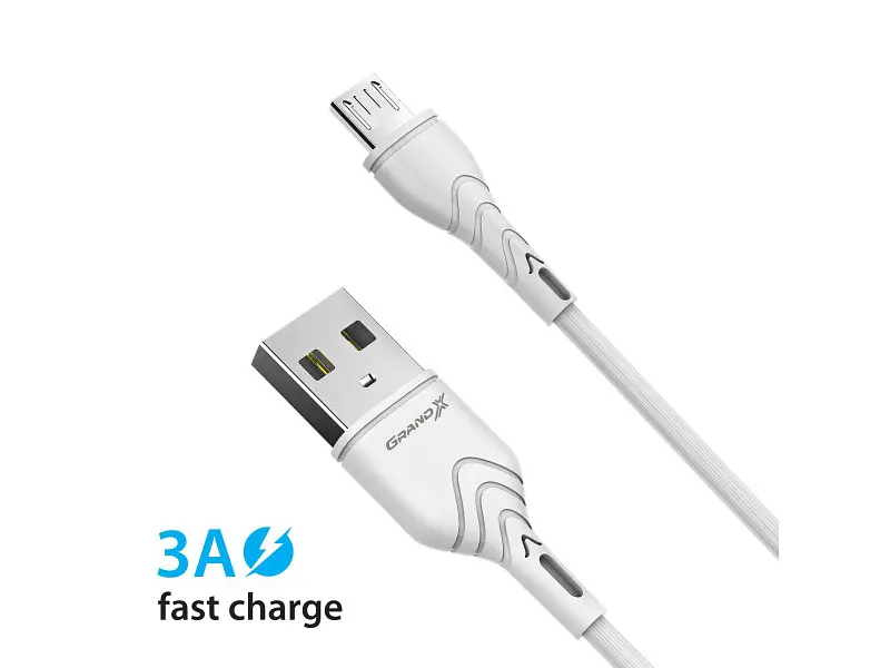 Кабель Grand-X USB-micro USB PM-03W 3A, 1m, CU, Fast Сharge, White, BOX - фото 2