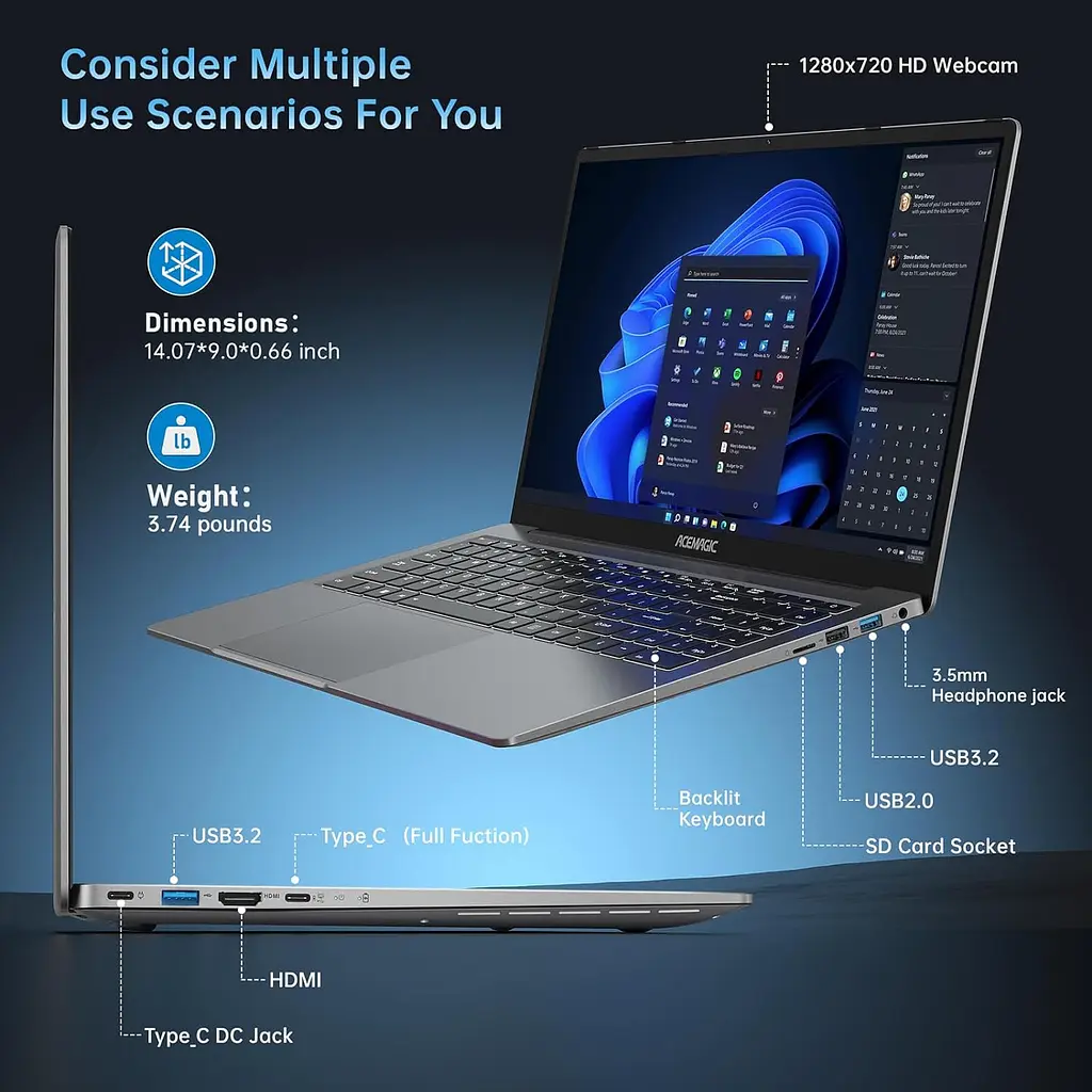 Ноутбук de Ігровий ACEMAGIC,7 5700U,16GB DDR4 512GB,Radeon RX Vega 8,Windows 11 Home,BT5.2,Wi‑Fi 6 - фото 3