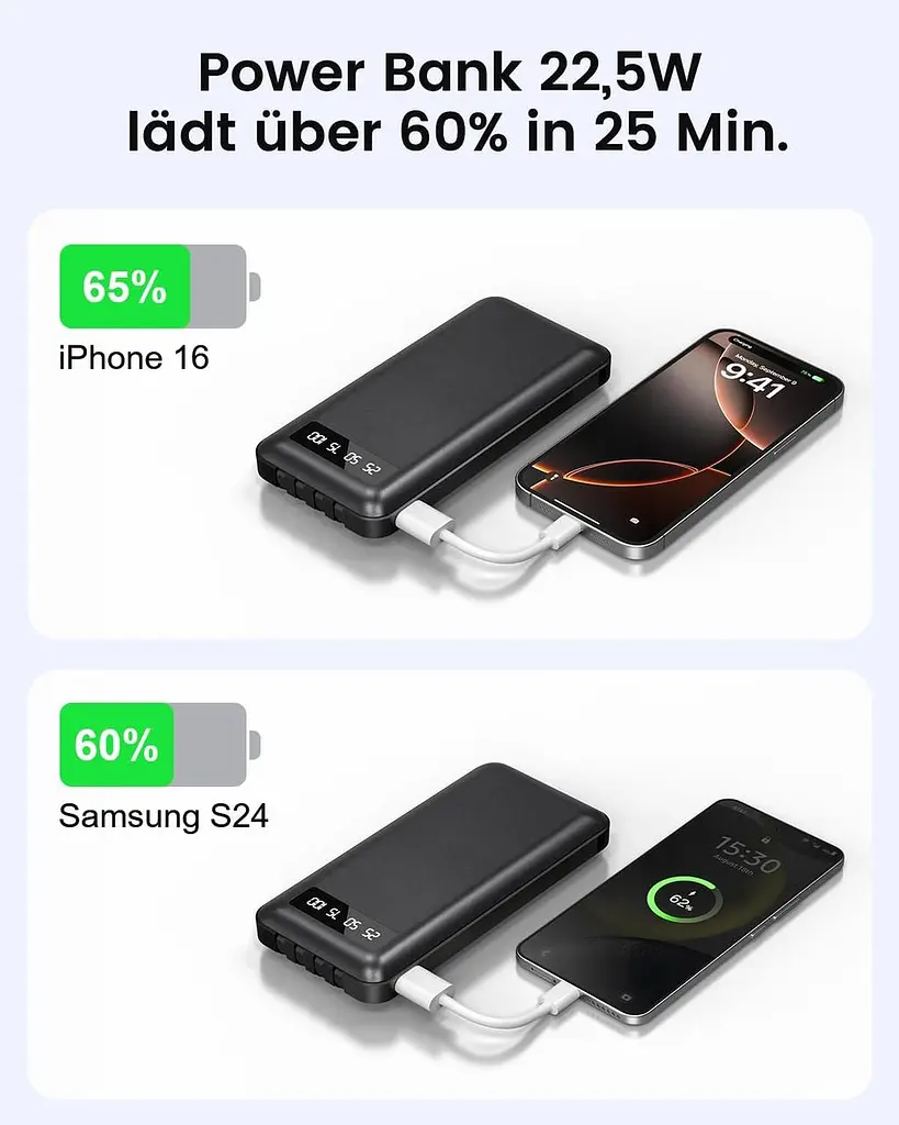 Повербанк 26800 мА·год з 4 вбудованими кабелями, 22,5 Вт Power Bank USB C Функція швидкого заряджання зі світлодіодним дисплеєм - фото 4